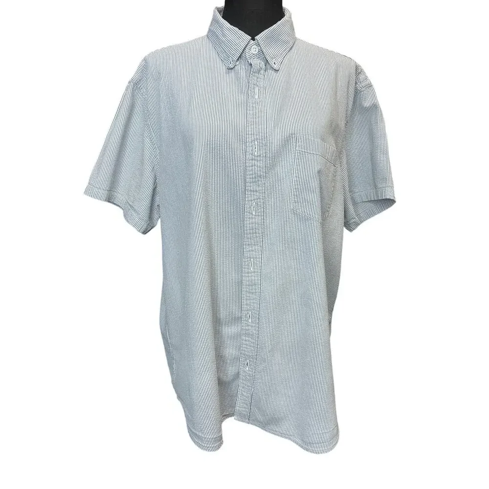 J.Crew Button Down Shirt Short Sleeve Pocket Men’s XL Blue White Striped Cotton